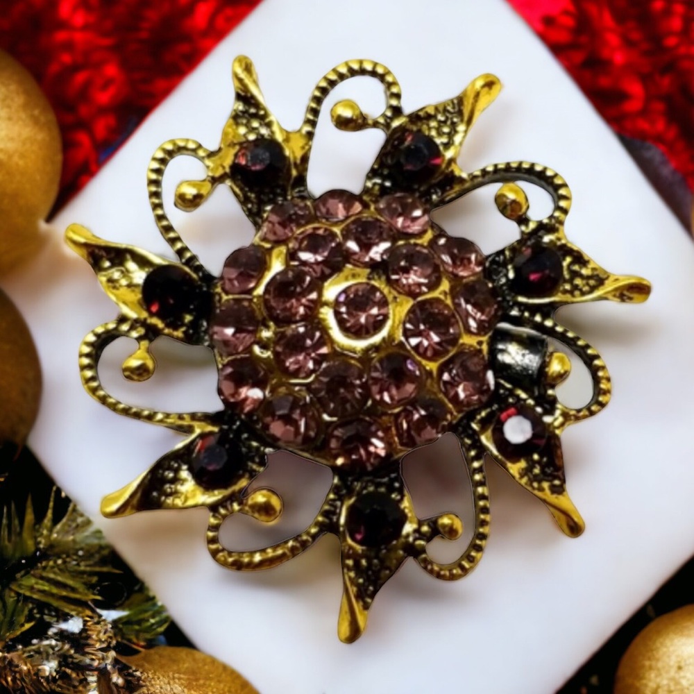 New Purple Rhinestone & Antiqued Gold Tone Brooch